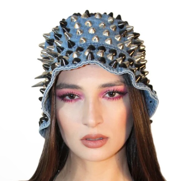RARE Newhattan Mixed Metal Studs on Blue Denim Bucket Hat - Picture 9 of 10